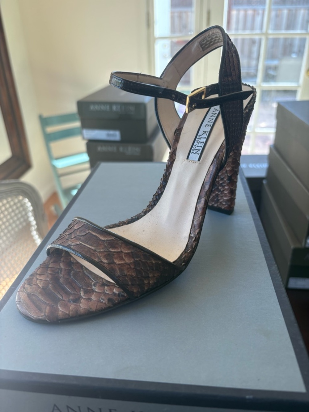 Anne Klein Brown Textured Ankle-Strap High Heels